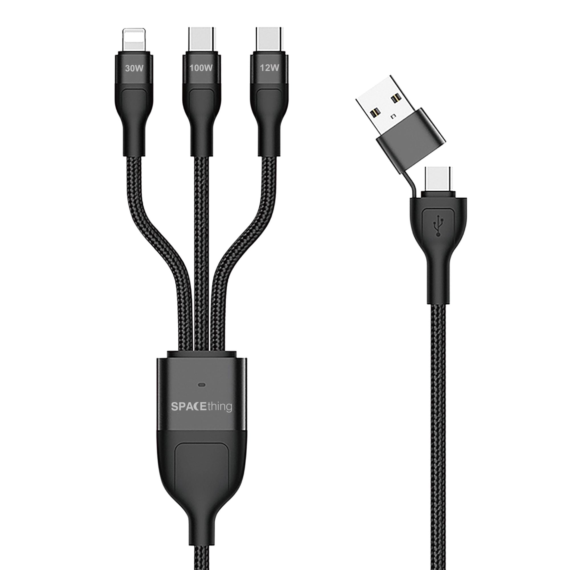 Spacething Tough Pro 5 IN 1 Charging Cable Usb + C TO 2 Usb - C & 8 Pin - Black