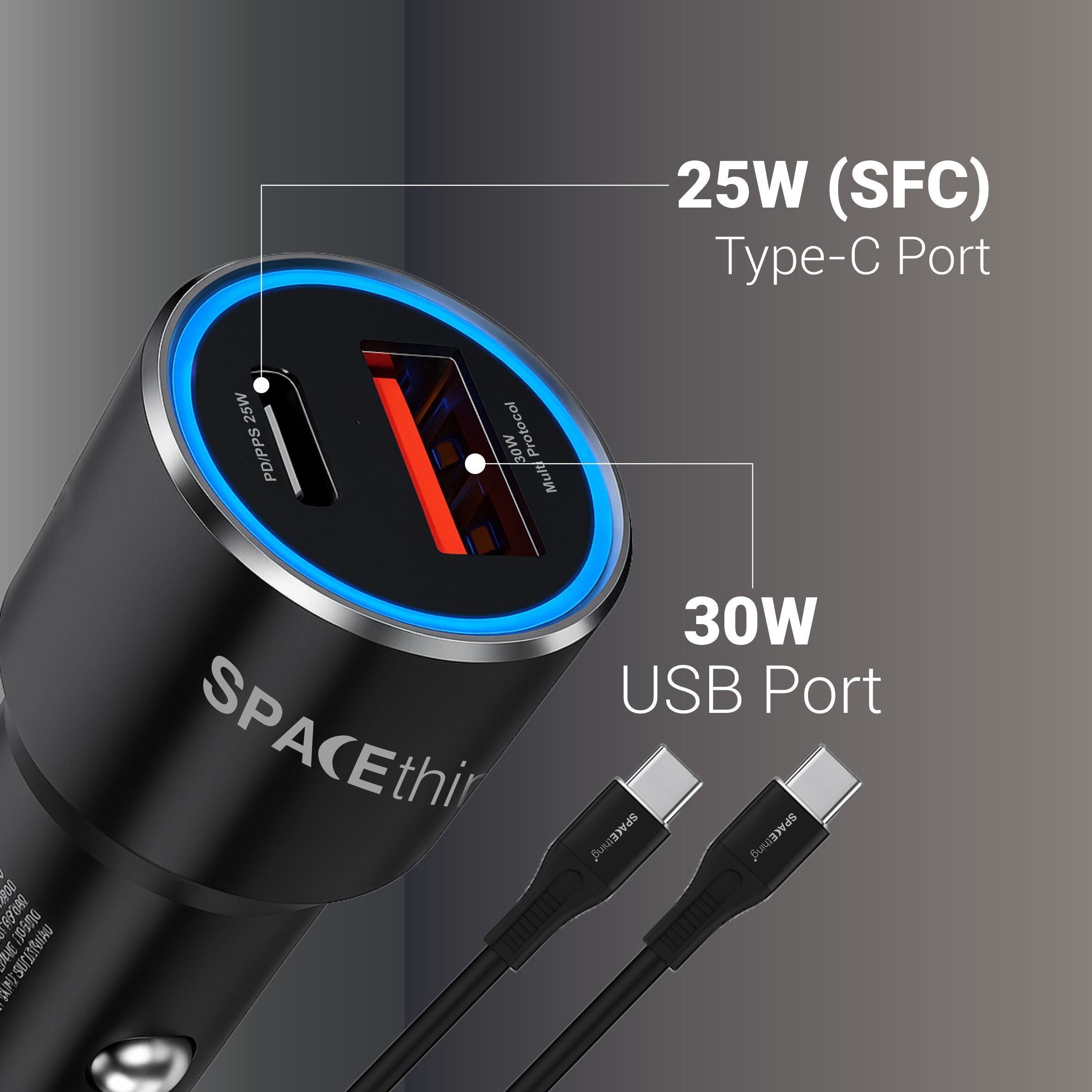Spacething Speedo Car Charger 55W (with USB-C to USB-C Cable) Colour - Black