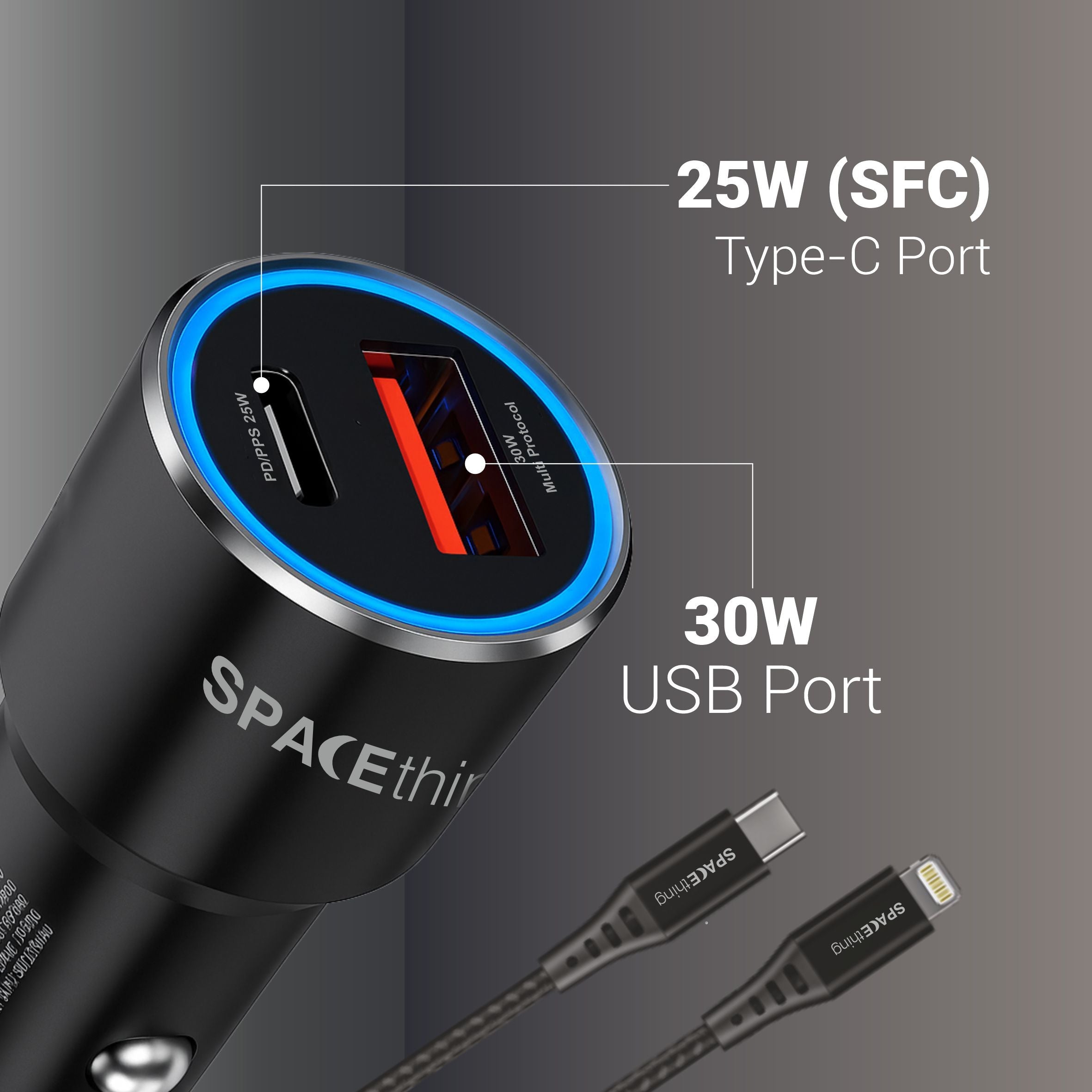 Spacething Speedo Car Charger 55W (with USB-C to Lightning Cable) Colour - Black