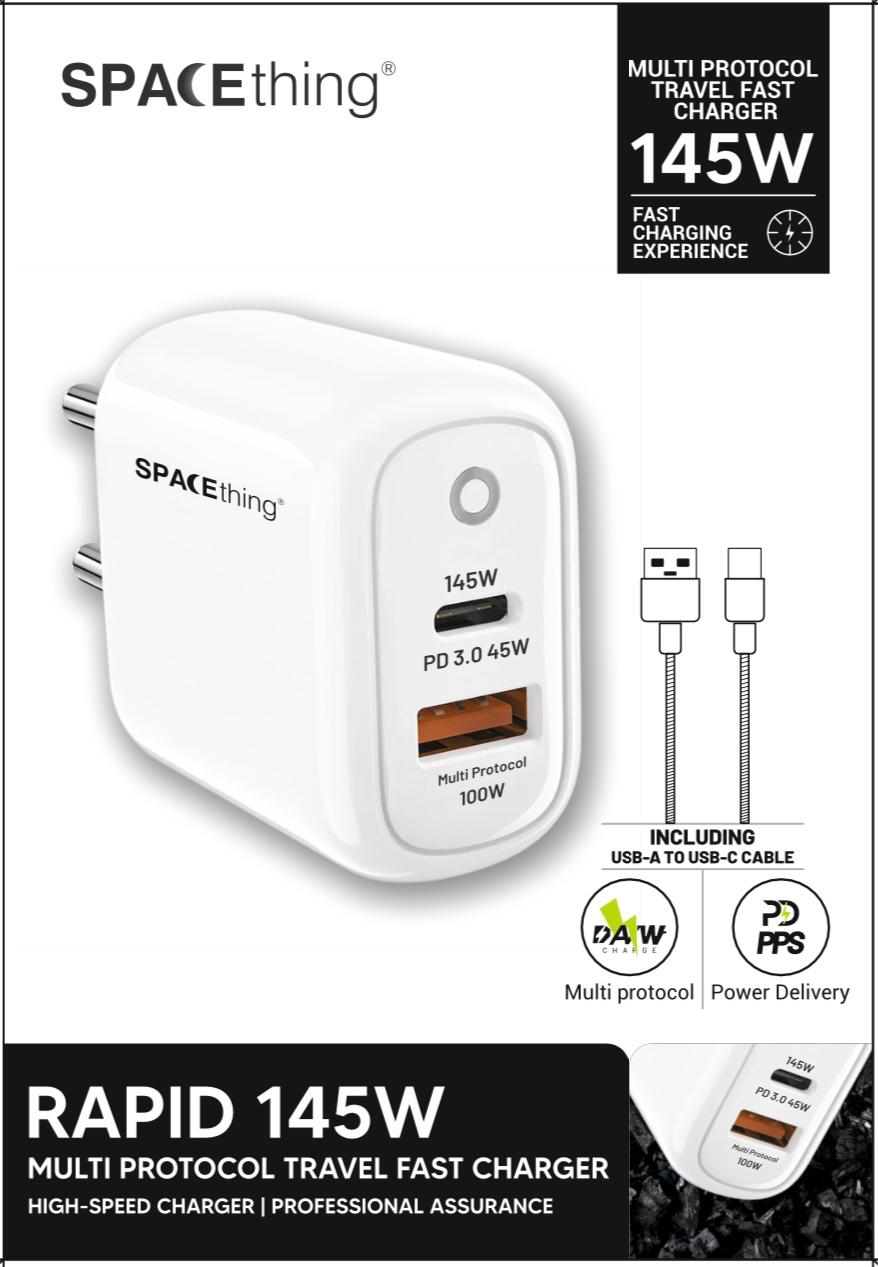 Spacething Rapid 145 Wall Charger – 145W Dual USB to C Cables  Colour - White