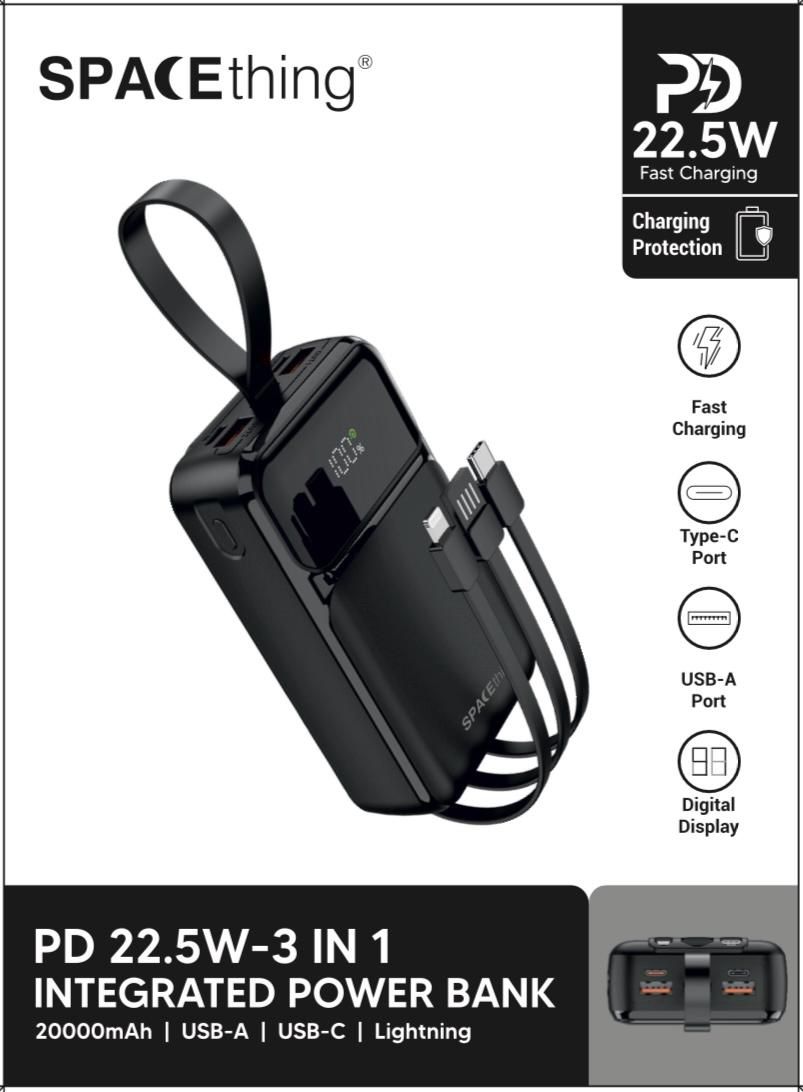 Spacething Integrated 20000MAH 3 IN 1 Power Bank  - BLACK
